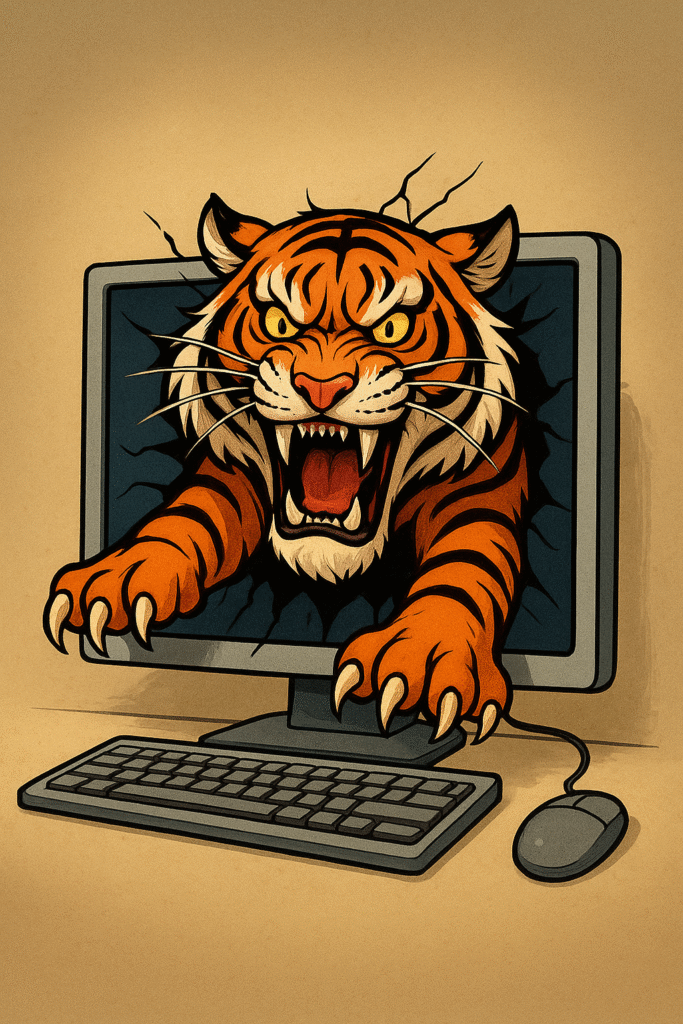 tiger coming out of computer screen.